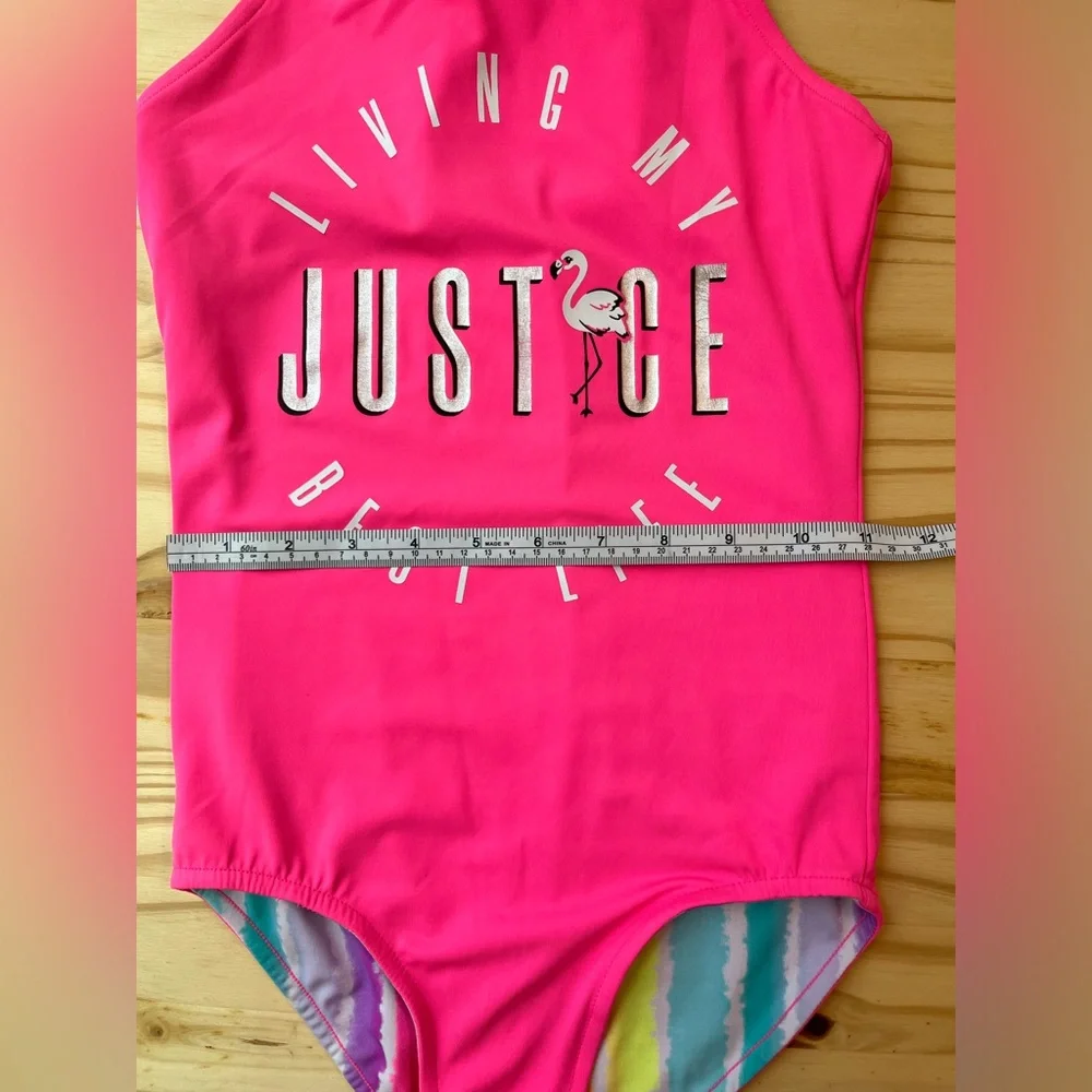 Girls Bright Pink & Rainbow Stripe Reversible Justice Swim Suit Sz 10/12